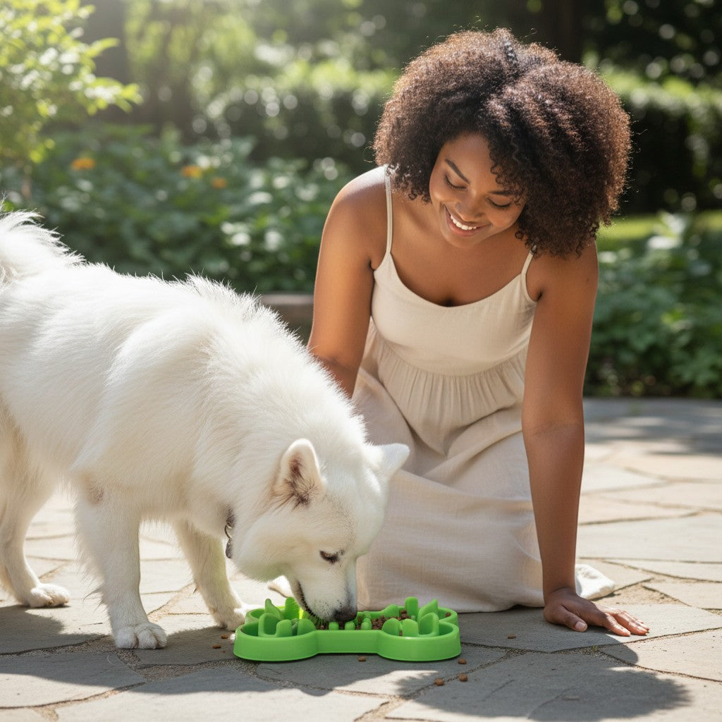 FURRYKU green bone-shaped slow feeder puzzle bowl made of BPA-free silicone for dogs.