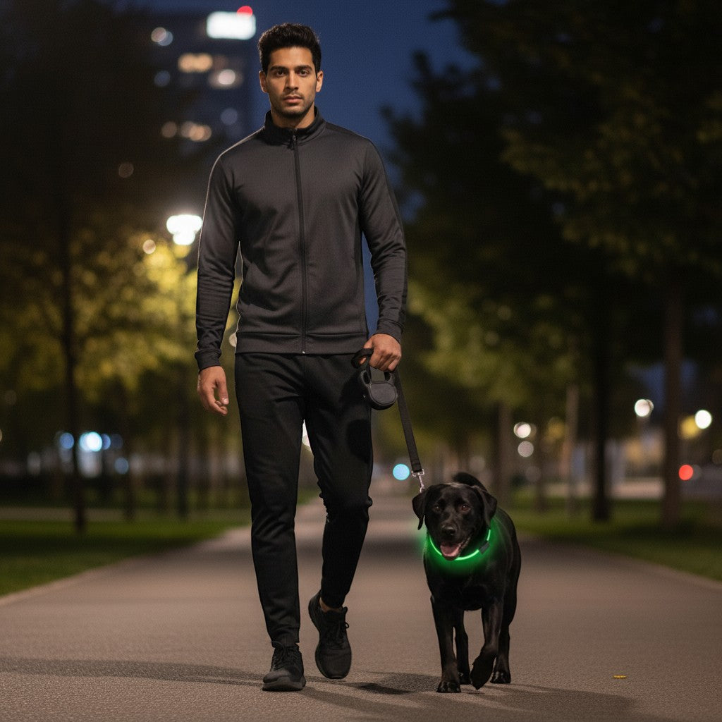 FURRYKU green LED dog collar with solar panel and USB charging, made of reflective nylon for night safety.