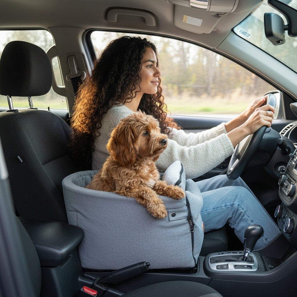 FURRYKU grey fabric car seat bed for small dogs, with orthopedic suede comfort nest and non-slip base.