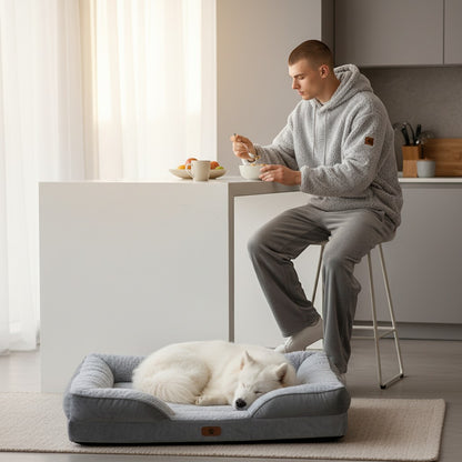 FURRYKU grey orthopedic memory foam dog sofa bed with plush bolsters and waterproof liner. Ideal for senior dogs and recovery.