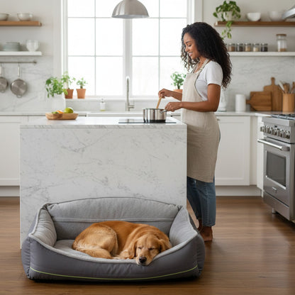 FURRYKU grey plush dog sofa bed with raised edges and a comfortable cushion, perfect for dogs who love couches.