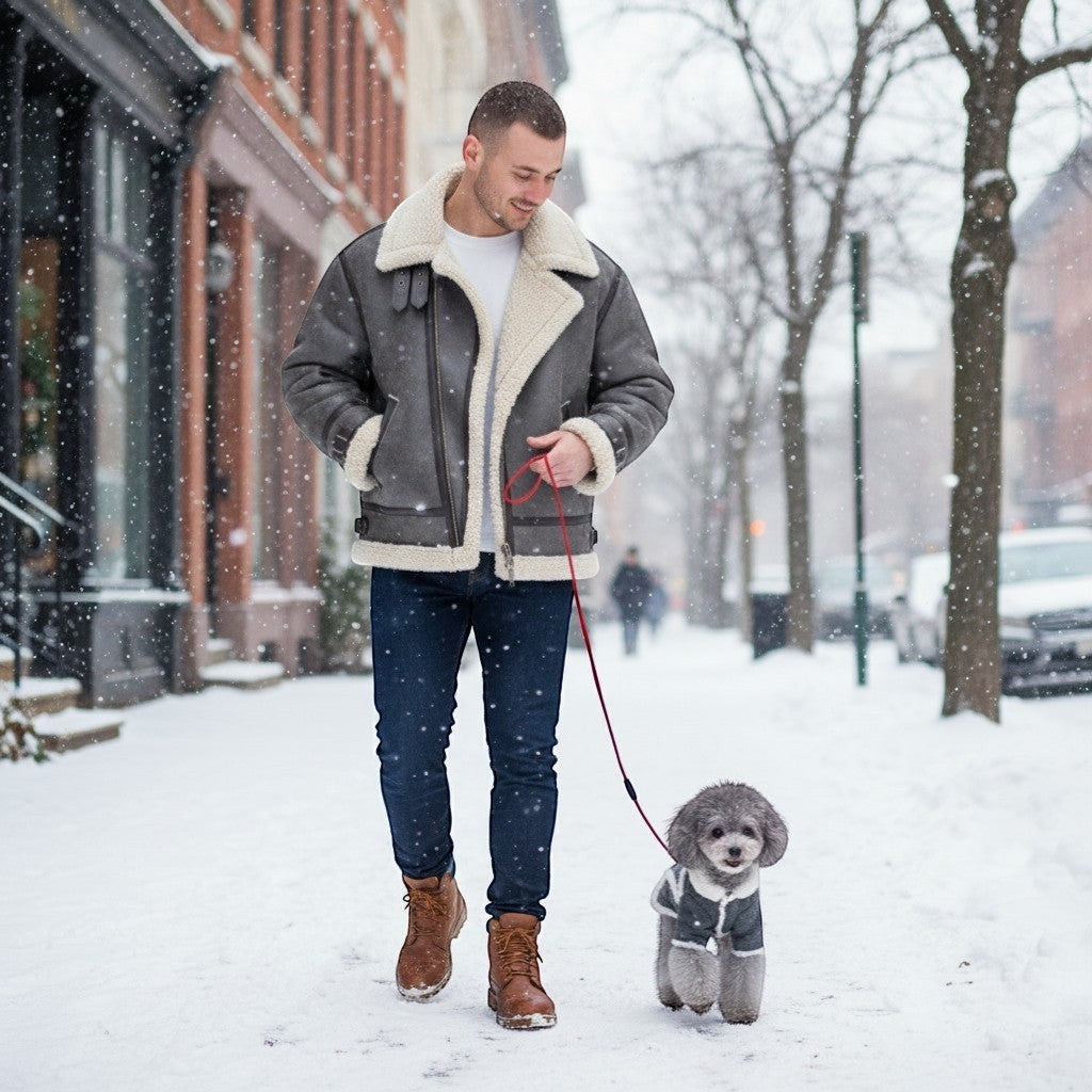 FURRYKU grey velvet dog jacket with white sherpa trim and button detail, designed for small dogs.