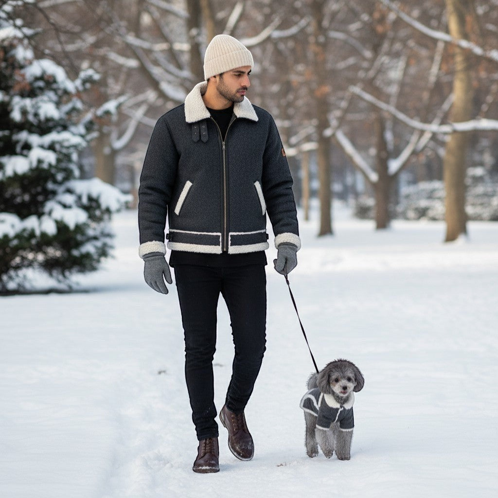 FURRYKU grey velvet dog jacket with white sherpa trim and button detail. Warm winter coat for small dogs.