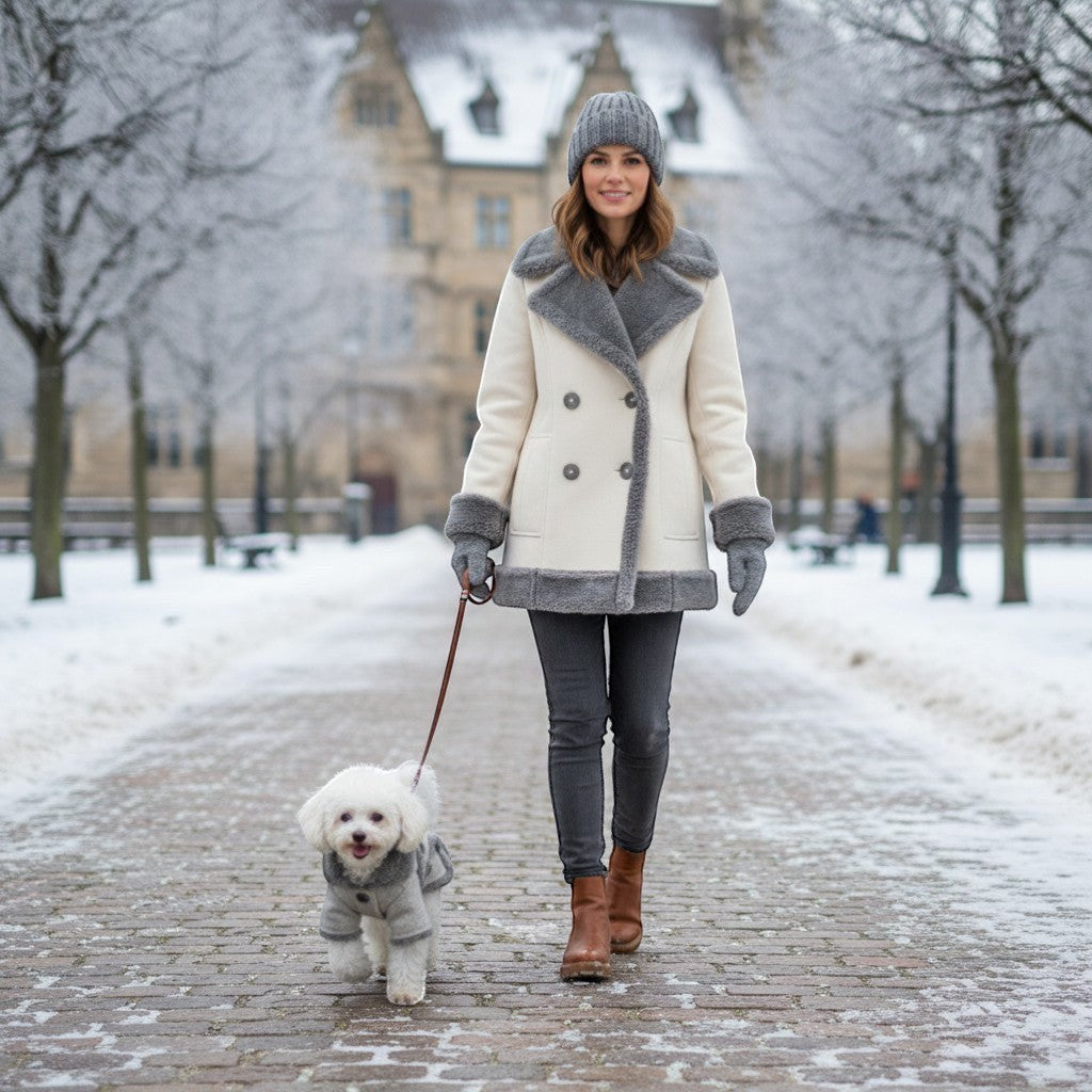 FURRYKU light grey dog jacket with grey sherpa trim and button details, made of velvet for warmth.