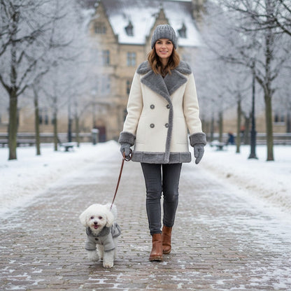 FURRYKU light grey dog jacket with grey sherpa trim and button details, made of velvet for warmth.