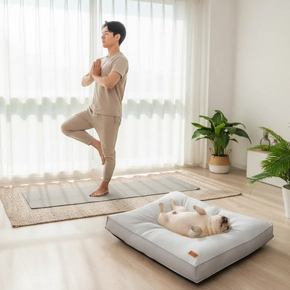 FURRYKU grey waterproof memory foam pet bed with non-slip base, ideal for orthopaedic support and recovery.