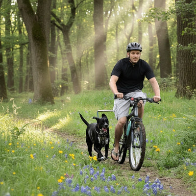 FURRYKU black hands-free bicycle dog walker leash with shock absorption for safe cycling with your pet.