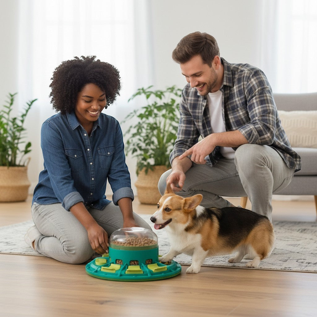 FURRYKU green and yellow plastic interactive dog puzzle feeder with sliding compartments and clear lid filled with kibble.