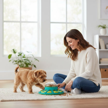 FURRYKU green and yellow plastic interactive dog puzzle feeder with sliding compartments and a clear dome top filled with kibble.