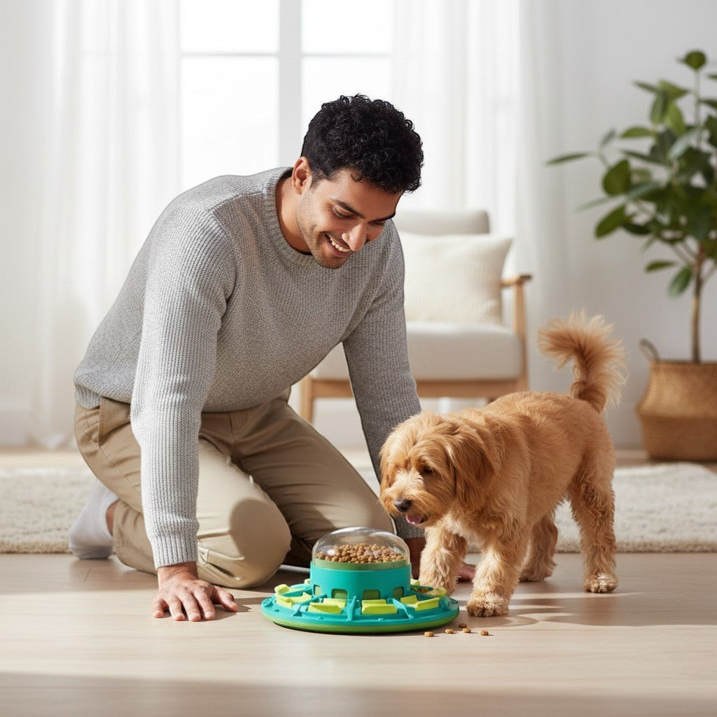 FURRYKU green and yellow plastic interactive dog puzzle feeder with sliding compartments and a clear dome top filled with kibble.