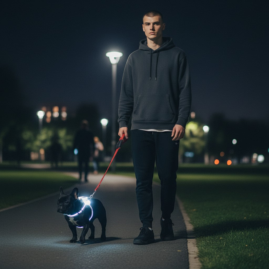 FURRYKU black dog harness with bright white LED lights and reflective trim for night safety.