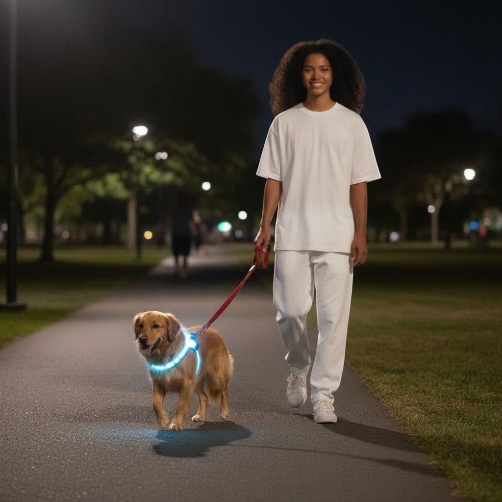 FURRYKU black dog harness with 360° white LED illumination and reflective trim for night safety.