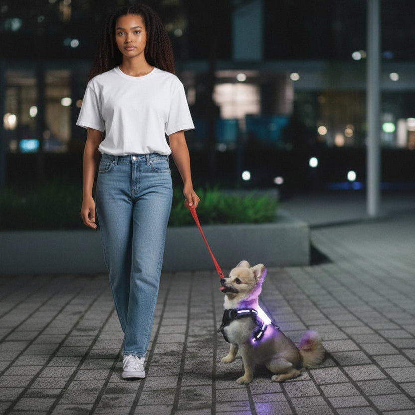 FURRYKU black LED dog harness with purple glow, adjustable straps, and reflective trim for night safety.