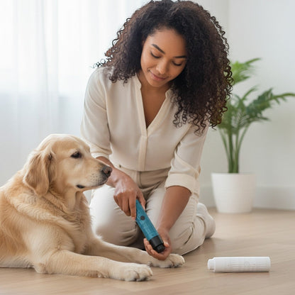 FURRYKU white and teal LED dog nail grinder with diamond bit, quiet motor, and USB charging.