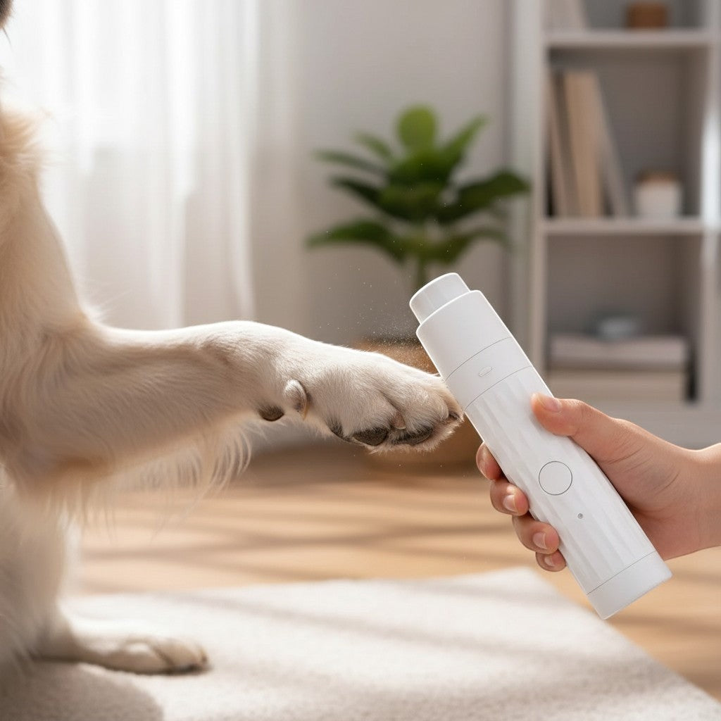 FURRYKU white and teal LED dog nail grinder with diamond bit and quiet motor. USB rechargeable.