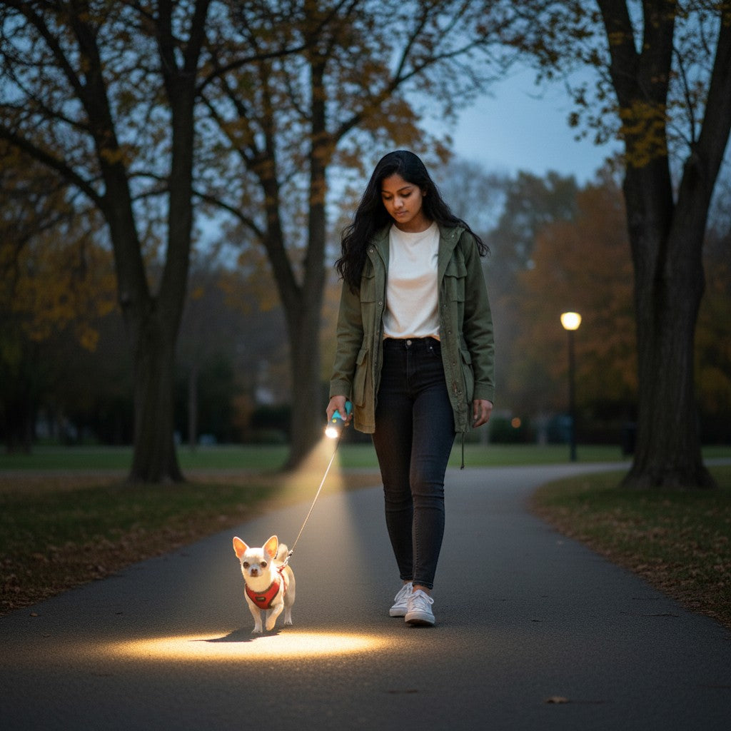 FURRYKU gray-blue dog waste bag dispenser with integrated LED light and metal carabiner for nighttime walks.