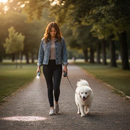 FURRYKU gray-blue dog waste bag dispenser with integrated LED light and metal carabiner for nighttime walks.