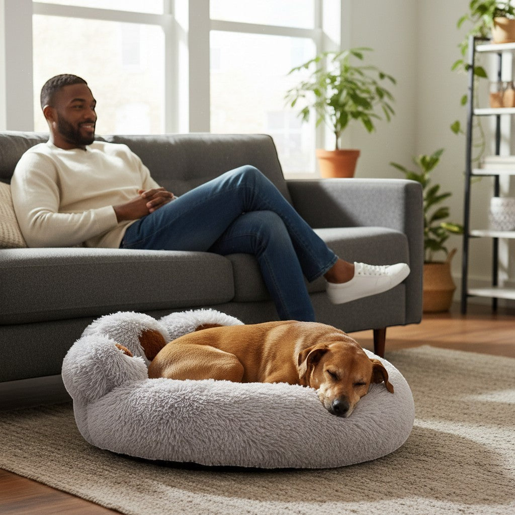 FURRYKU light gray plush fleece dog bed with paw-shaped bolster and orthopedic support for anxiety relief.
