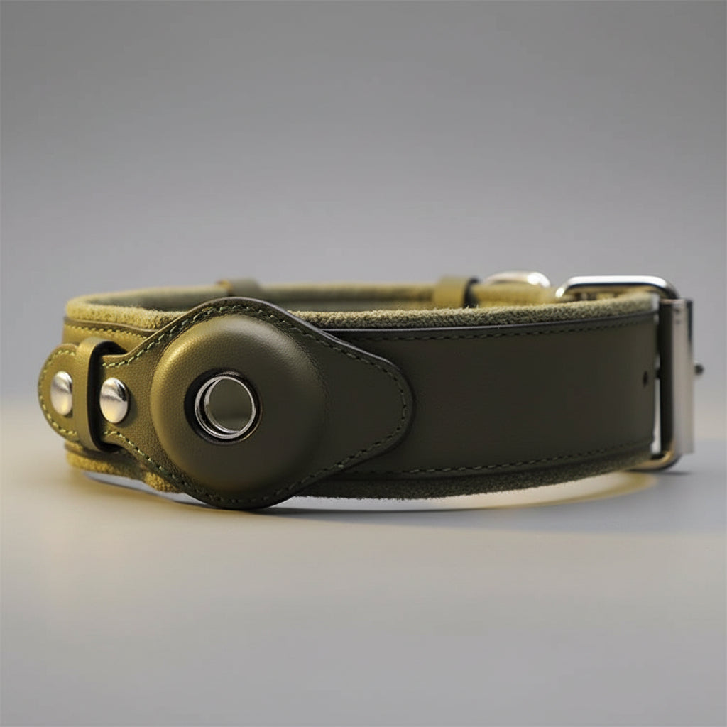 Furryku Genuine Leather Apple AirTag Dog Collar - Luxury Padded GPS Tracker Tracking Pet Collar - Brown, Black, Army Green - Sizes S-L FURRYKU