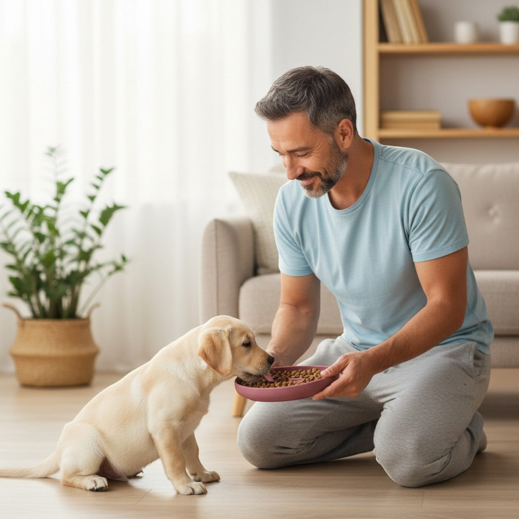 FURRYKU mauve silicone slow-feed dog bowl with anti-slip suction base and maze-like interior for portion control.