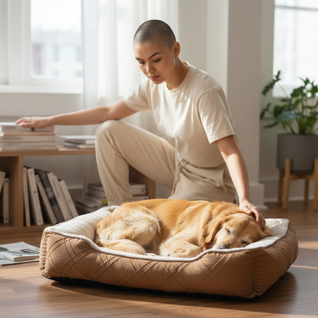 FURRYKU plush dog bed in milk tea color, made of soft corduroy with bolstered walls for comfort and security.