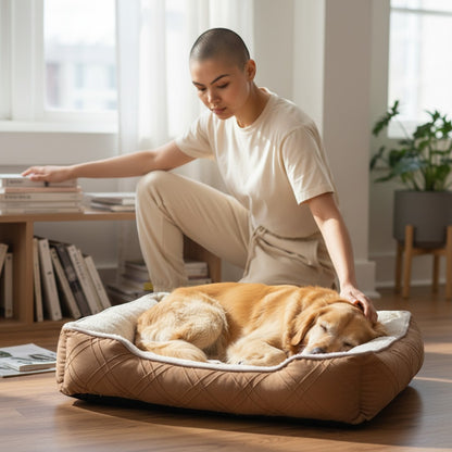 FURRYKU plush dog bed in milk tea color, made of soft corduroy with bolstered walls for comfort and security.