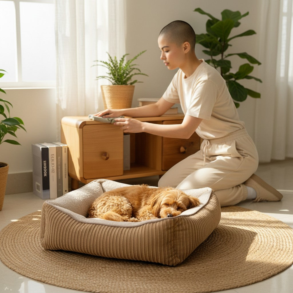 FURRYKU plush corduroy dog bed in milk tea color with bolstered sides for comfort and security.