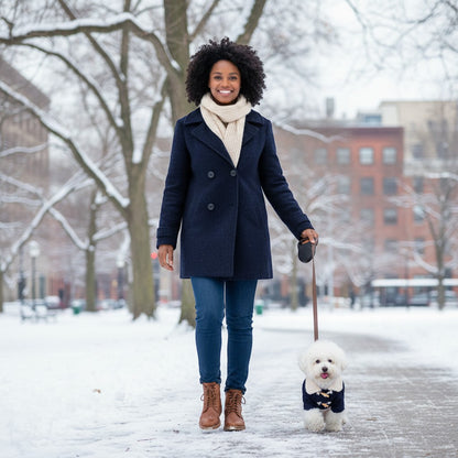 FURRYKU navy blue polar fleece dog jacket with cream trim and toggle closures. Warm winter vest for dogs.
