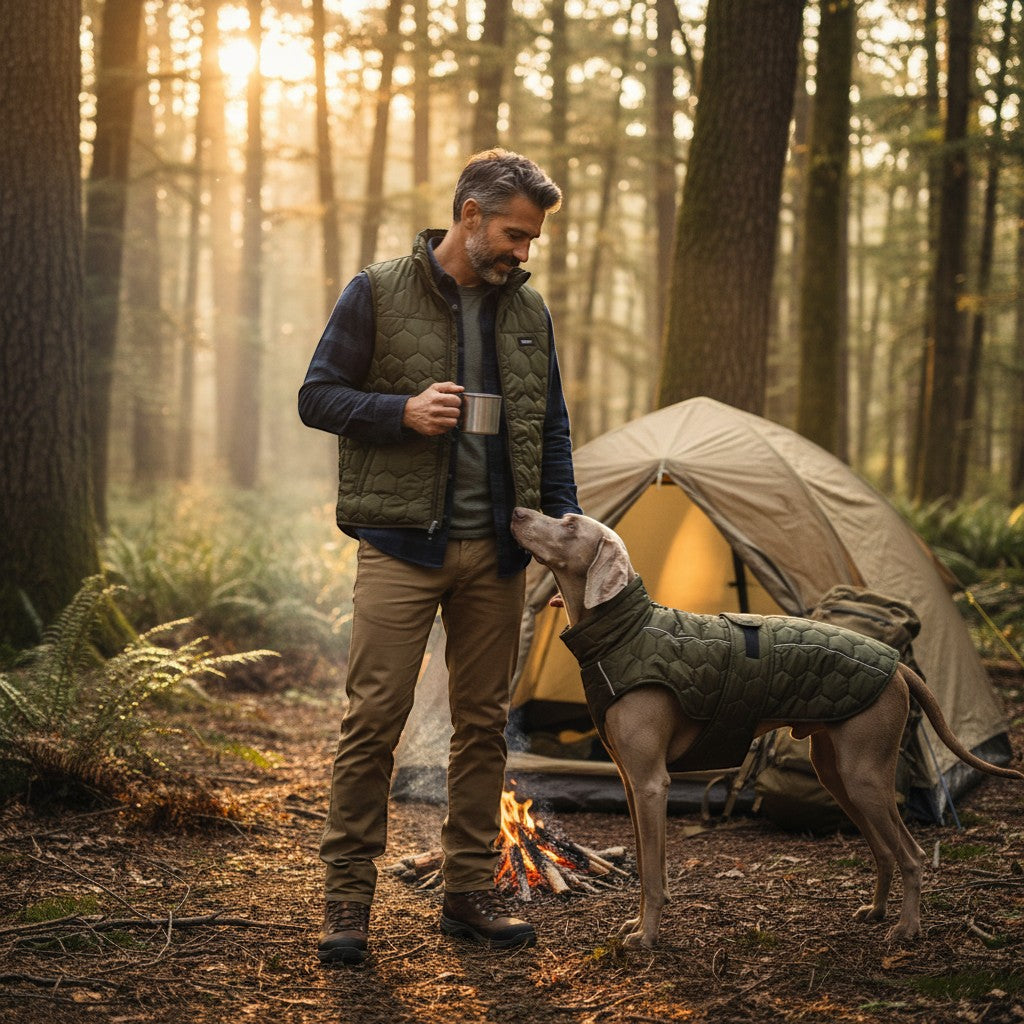 FURRYKU olive green quilted dog jacket with reflective trim, made of polyester for cold weather.