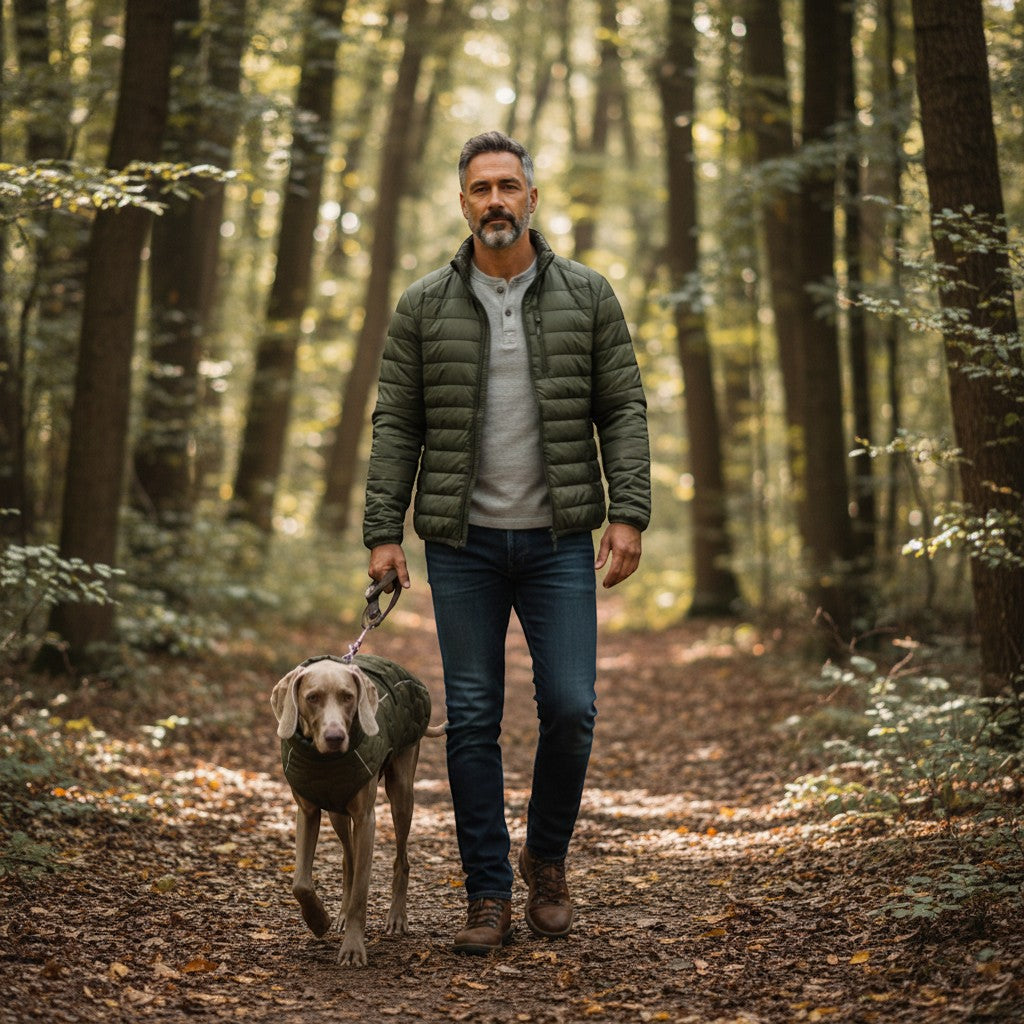 FURRYKU olive green quilted dog jacket with reflective trim, made of polyester for cold weather.