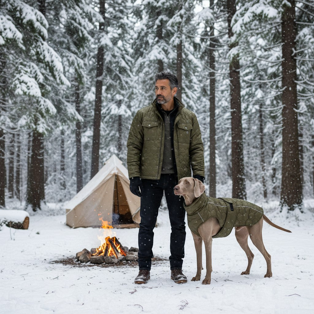 FURRYKU olive green quilted dog jacket with reflective trim, polyester, for cold weather walks and hikes.