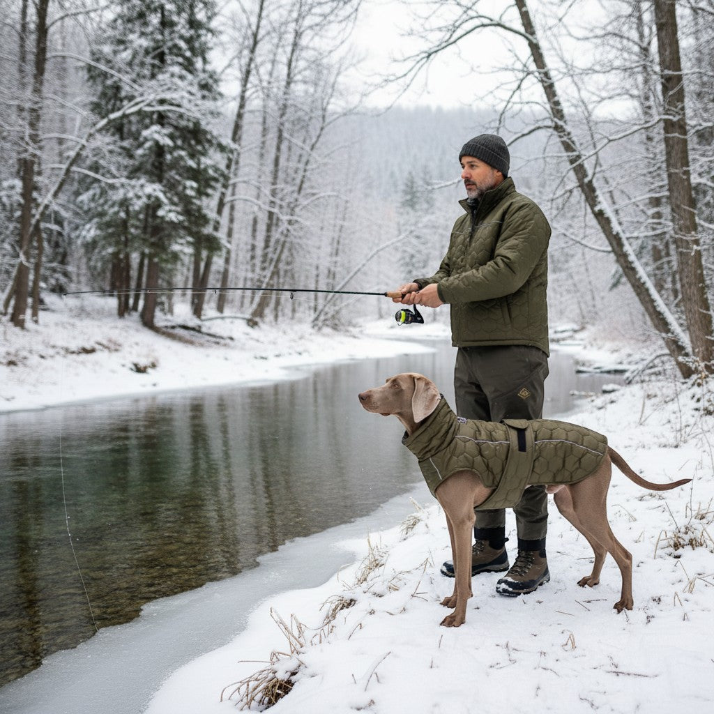 FURRYKU olive green quilted dog jacket with reflective trim, designed for cold weather and active dogs.