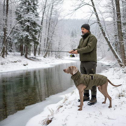 FURRYKU olive green quilted dog jacket with reflective trim, designed for cold weather and active dogs.