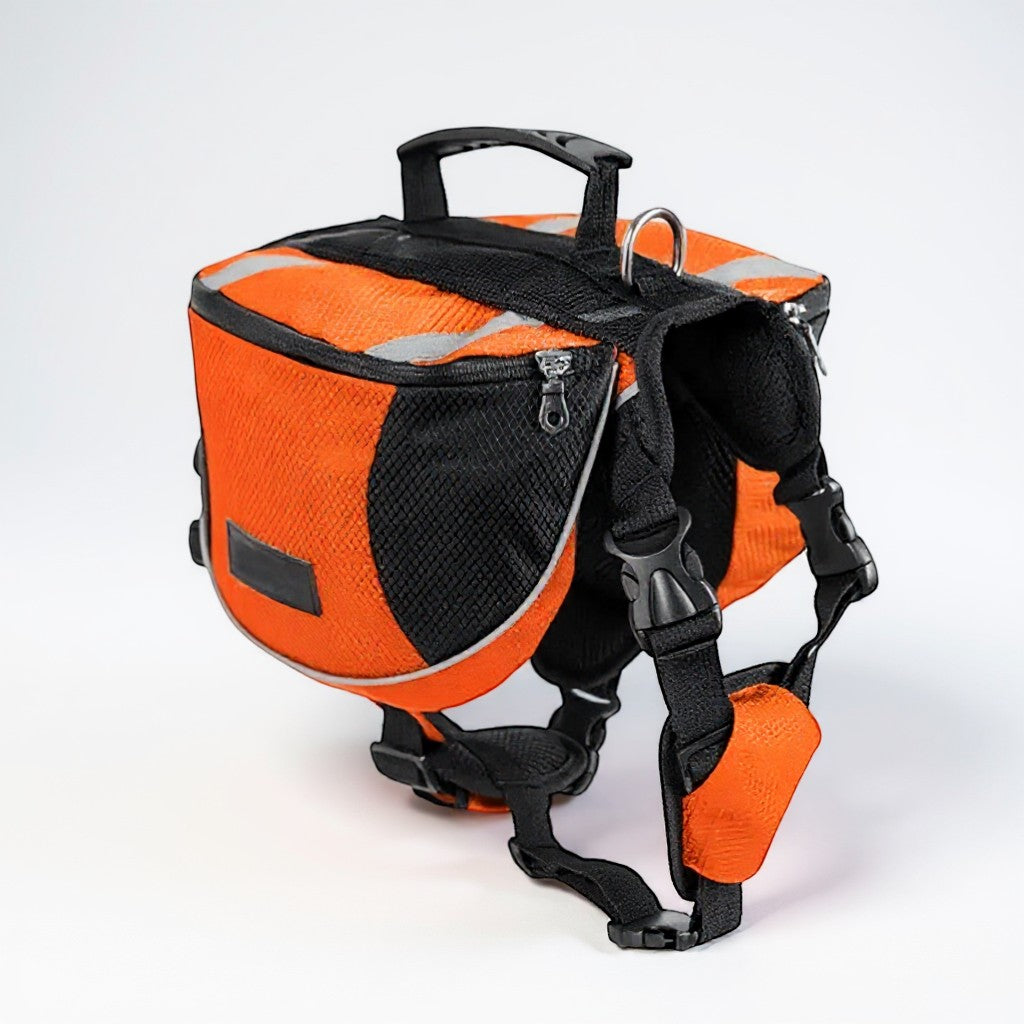 FURRYKU orange and black dog hiking backpack with reflective trim and adjustable straps for medium to large breeds.