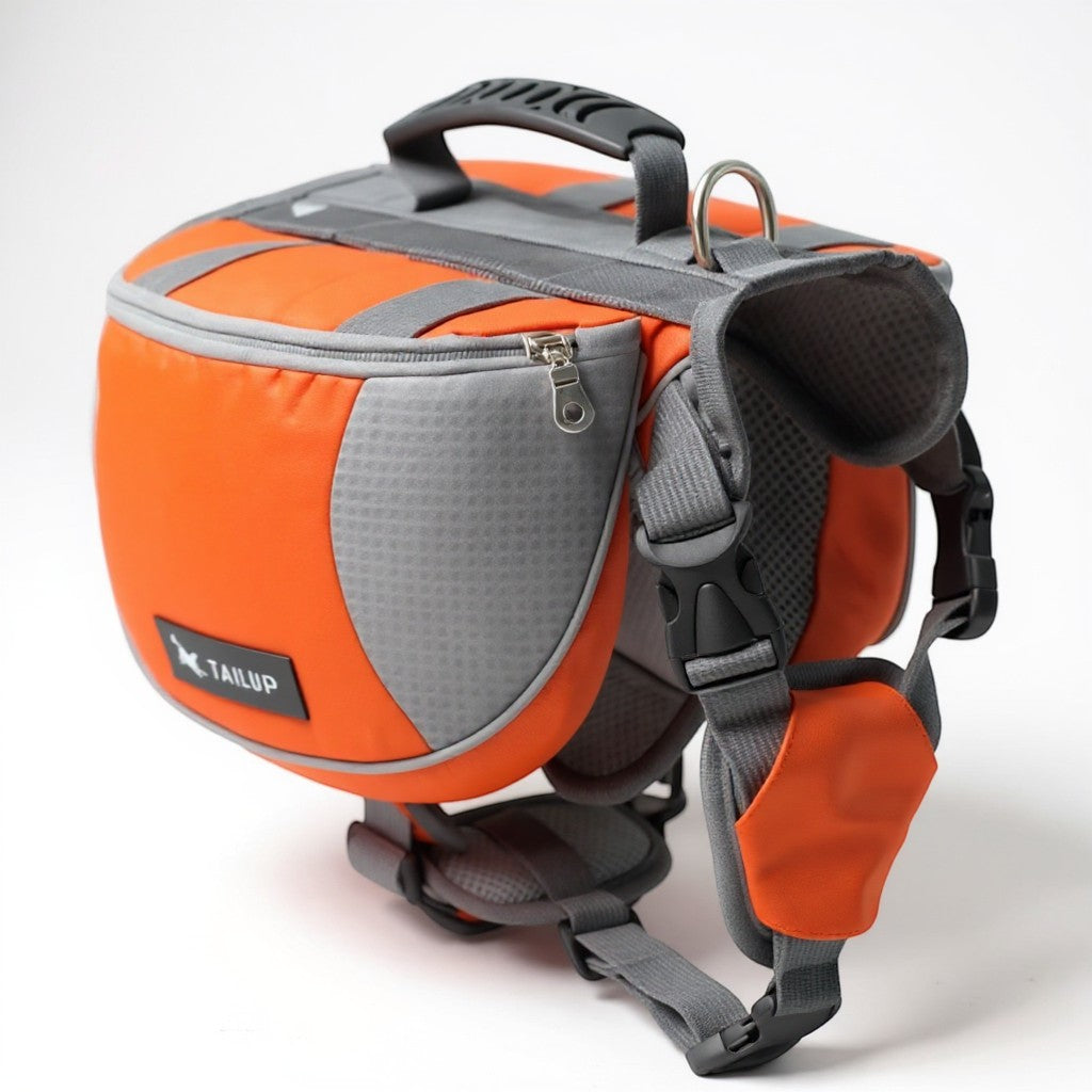 FURRYKU orange and grey dog hiking backpack with adjustable straps and mesh padding for outdoor adventures.
