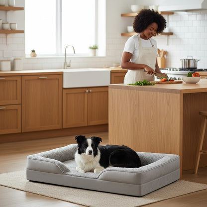 FURRYKU grey orthopedic memory foam dog sofa bed with plush bolsters and waterproof liner for joint support.