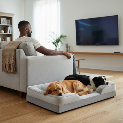 FURRYKU orthopedic memory foam dog sofa bed with bolsters in light grey, perfect for senior dogs and joint support.
