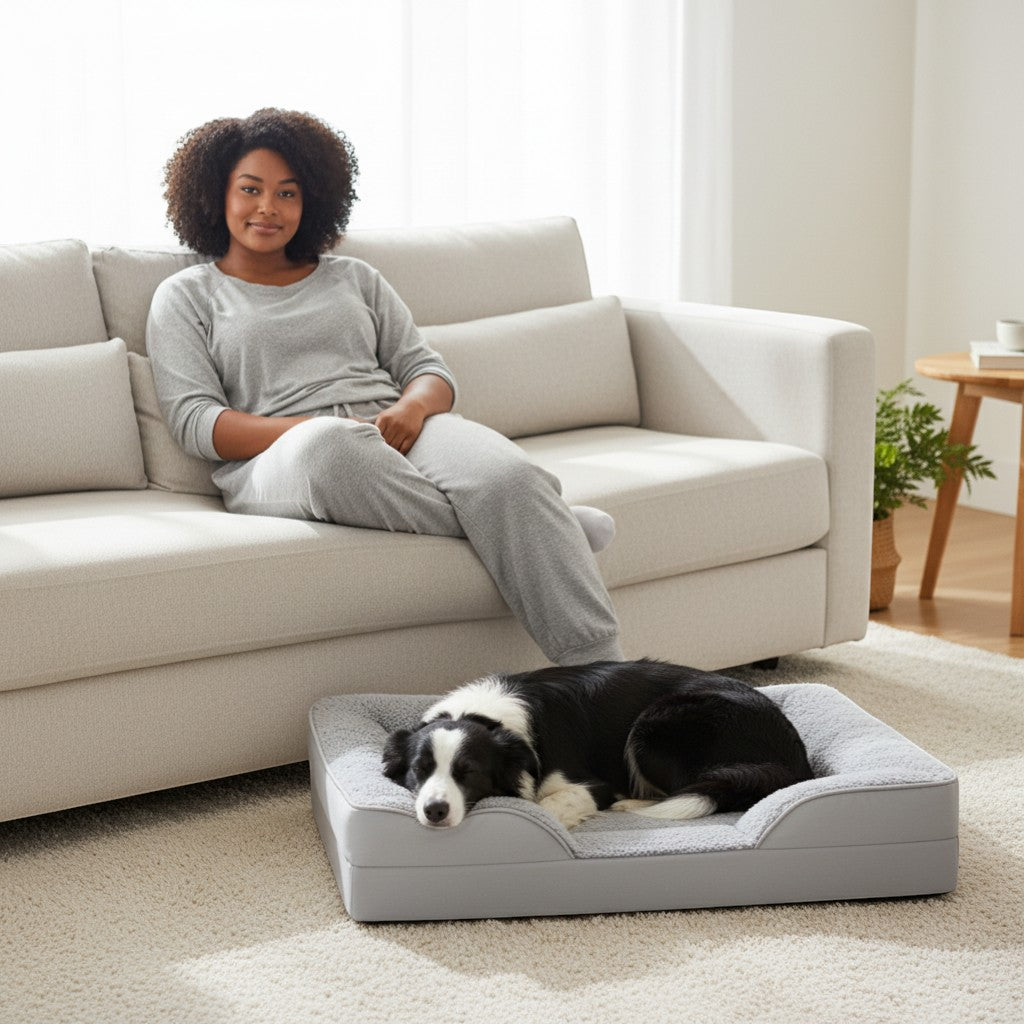 FURRYKU grey orthopedic memory foam dog sofa bed with plush bolsters and waterproof liner. Ideal for senior dogs.