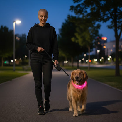 FURRYKU pink LED dog collar made of reflective nylon with solar charging and USB port for visibility and safety.