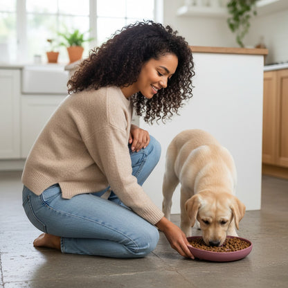FURRYKU pink silicone slow-feed dog bowl with anti-slip suction base and maze-like interior for controlled eating.