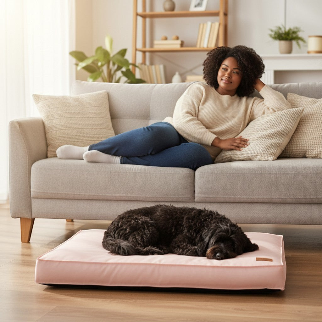 FURRYKU pink waterproof memory foam pet sleeping mat with orthopaedic support and non-slip base.