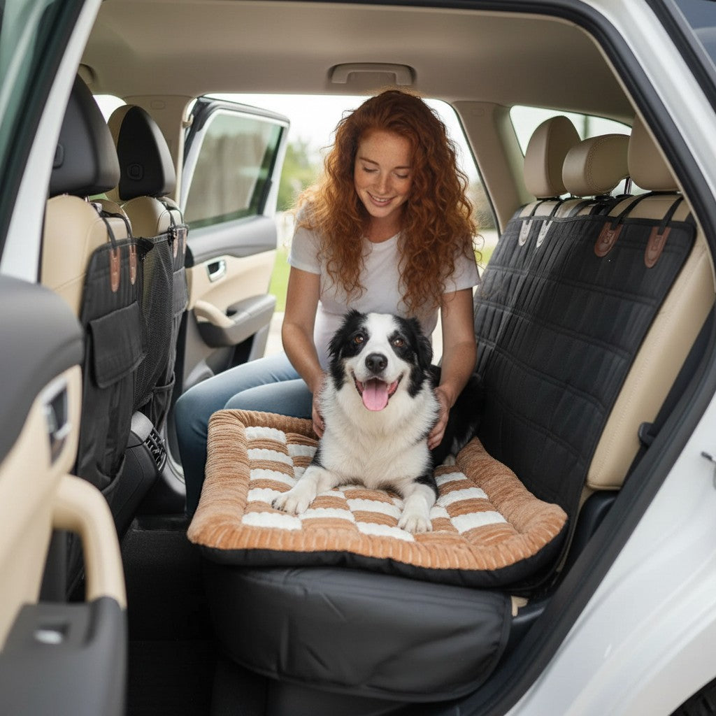 FURRYKU plush dog car cushion with brown and white checkered pattern, offering comfort and seat protection.