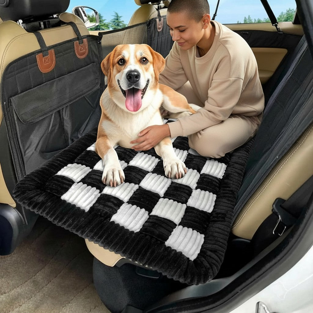 FURRYKU black and white checkered plush dog car seat cushion with thick padding for comfort and warmth.