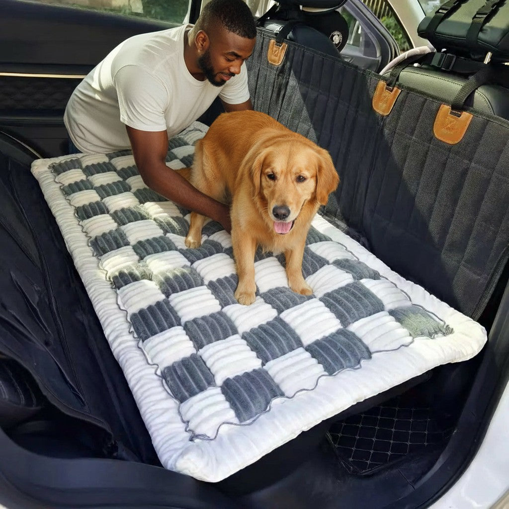 FURRYKU checkered plush dog car seat cushion in white and grey, offering comfort and protection for pets on the go.