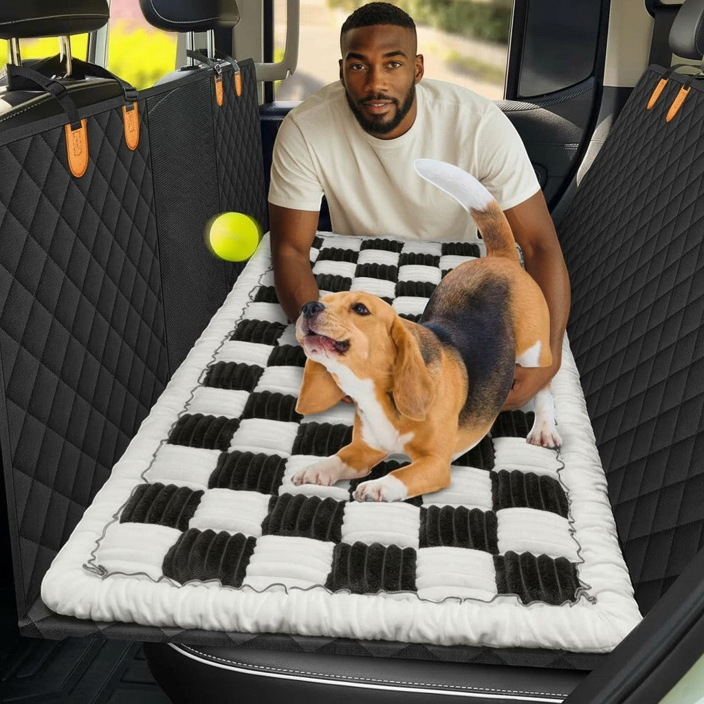 FURRYKU black and white checkered plush dog car seat cushion with white trim. Protects upholstery.