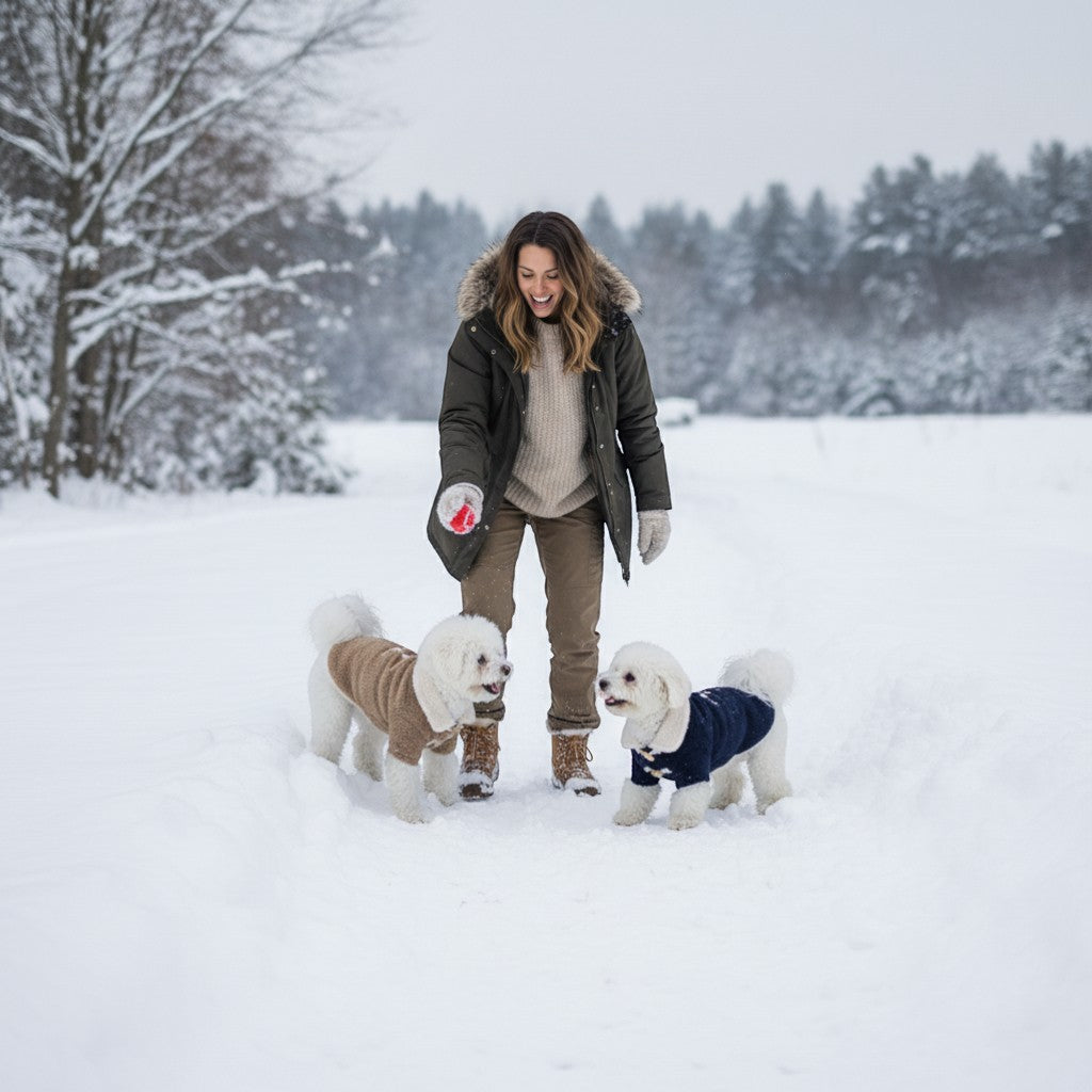 FURRYKU navy blue and khaki polar fleece dog jackets with toggle closures and sherpa collars
