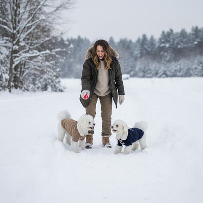 FURRYKU navy blue and khaki polar fleece dog jackets with toggle closures and sherpa collars