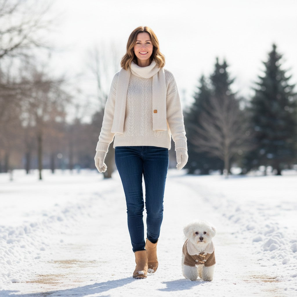 FURRYKU navy blue and khaki polar fleece dog jacket with toggle closures and sherpa collar