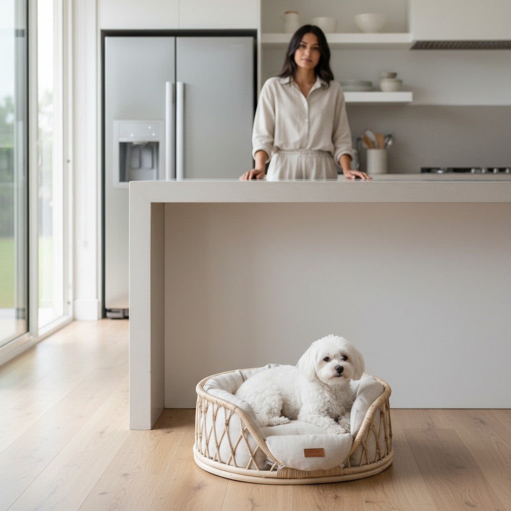 FURRYKU handmade natural rattan dog bed sofa with white cushion, perfect for small dogs.