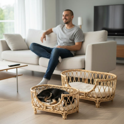 FURRYKU handmade natural rattan dog bed sofa with beige cushion, featuring woven detailing and a breathable design.